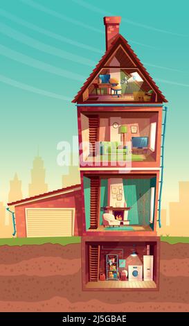 Vector three-story house interior in cross section with basement and garage. Cartoon multistorey private building. Attic, furniture in living room, so Stock Vector