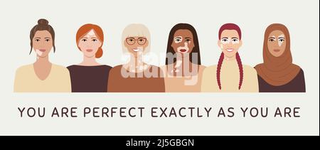 Female faces with vitiligo skin disease horizontal banner. You are perfect exactly as you are concept. Portraits with different ethnics, skin colors, Stock Vector