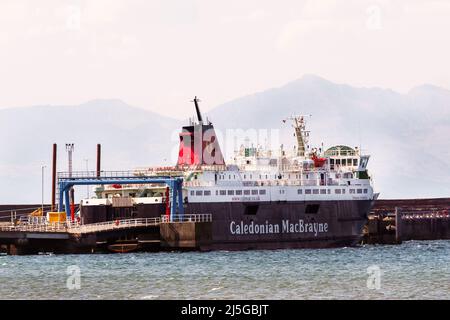 22 April 2022, Troon, UK. The Caledonian MacBrayne ferry, 'Caledonian Isles', that travelled the route between Ardrossan and Brodick on the Isle of Arran, was taken out of service on 17 April 2022 after engine problems and was taken to Troon for repairs which are expected to take a further 10 days. Since then the people on the island are now complaining about shortages of food, fuel and other essential items while CalMac continues with a replacement ferry and a reduced service. The 'Caledonian Isles' should have been replaced with the the Glen Sannox a few years ago, Image shows Isle of Arran Stock Photo