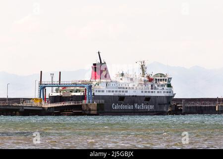 22 April 2022, Troon, UK. The Caledonian MacBrayne ferry, 'Caledonian Isles', that travelled the route between Ardrossan and Brodick on the Isle of Arran, was taken out of service on 17 April 2022 after engine problems and was taken to Troon for repairs which are expected to take a further 10 days. Since then the people on the island are now complaining about shortages of food, fuel and other essential items while CalMac continues with a replacement ferry and a reduced service. The 'Caledonian Isles' should have been replaced with the the Glen Sannox a few years ago, Image shows Isle of Arran Stock Photo