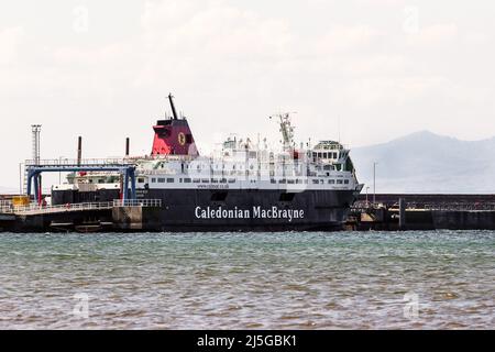 22 April 2022, Troon, UK. The Caledonian MacBrayne ferry, 'Caledonian Isles', that travelled the route between Ardrossan and Brodick on the Isle of Arran, was taken out of service on 17 April 2022 after engine problems and was taken to Troon for repairs which are expected to take a further 10 days. Since then the people on the island are now complaining about shortages of food, fuel and other essential items while CalMac continues with a replacement ferry and a reduced service. The 'Caledonian Isles' should have been replaced with the the Glen Sannox a few years ago, Image shows Isle of Arran Stock Photo