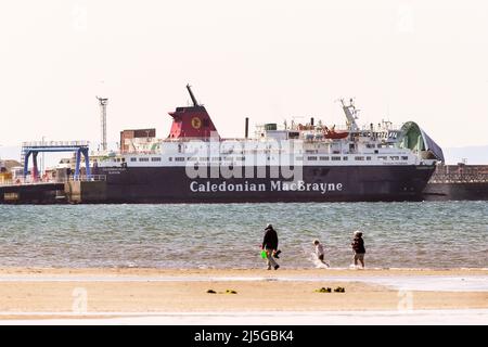 22 April 2022, Troon, UK. The Caledonian MacBrayne ferry, 'Caledonian Isles', that travelled the route between Ardrossan and Brodick on the Isle of Arran, was taken out of service on 17 April 2022 after engine problems and was taken to Troon for repairs which are expected to take a further 10 days. Since then the people on the island are now complaining about shortages of food, fuel and other essential items while CalMac continues with a replacement ferry and a reduced service. The 'Caledonian Isles' should have been replaced with the the Glen Sannox a few years ago, Image shows Isle of Arran Stock Photo