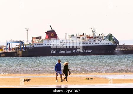 22 April 2022, Troon, UK. The Caledonian MacBrayne ferry, 'Caledonian Isles', that travelled the route between Ardrossan and Brodick on the Isle of Arran, was taken out of service on 17 April 2022 after engine problems and was taken to Troon for repairs which are expected to take a further 10 days. Since then the people on the island are now complaining about shortages of food, fuel and other essential items while CalMac continues with a replacement ferry and a reduced service. The 'Caledonian Isles' should have been replaced with the the Glen Sannox a few years ago, Image shows Isle of Arran Stock Photo