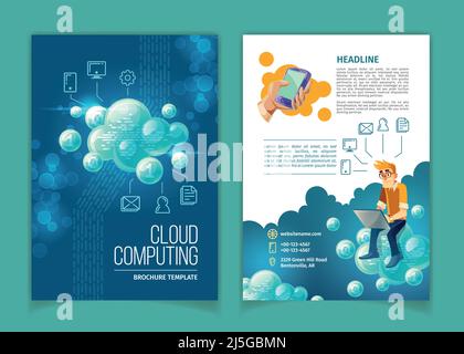 Cloud computing, global data storage, modern internet technologies vector concept illustration. Template for brochure with user sitting on abstract bu Stock Vector