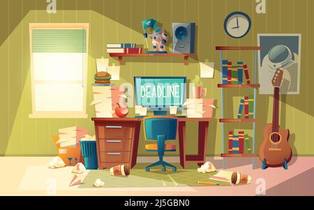 Vector cartoon empty home office in chaos - deadline concept, approaching finishing time. Interior with furniture and mess. Computer, books, garbage w Stock Vector