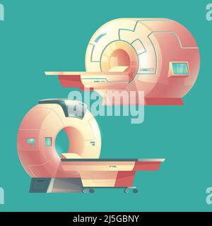 Vector cartoon MRI scanner for tomography, medical examination. Machine of magnetic resonance imaging for x-ray diagnosis. Modern technology for hospi Stock Vector