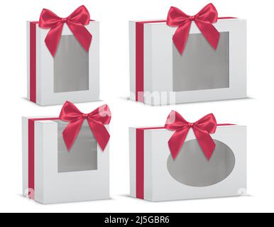 Vector realistic set of empty gift boxes with red silk bows and with transparent windows isolated on background. Mockup with cardboard or paper white Stock Vector