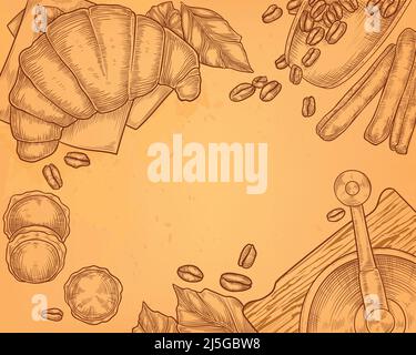 Vector vintage hand drawn illustration of coffee grinder with croissant, breakfast concept. Tasty food, bakery with cinnamon. Pastry, beverage menu fo Stock Vector