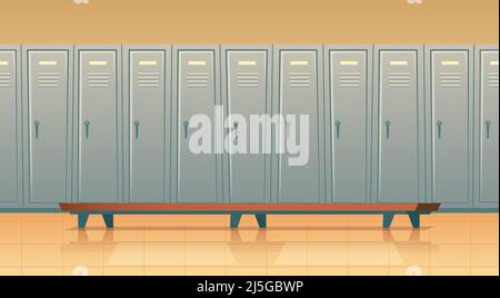 Vector cartoon row of individual lockers or changing room for football, basketball team or workers. Dressing of sports, work uniform, training equipme Stock Vector