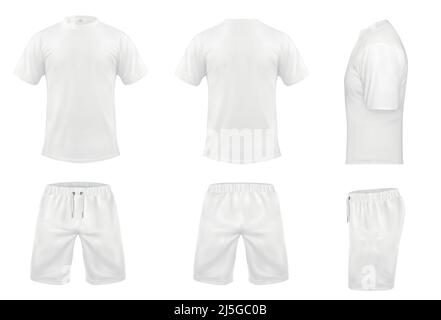 Vector realistic set of white t-shirts with short sleeves and shorts, sportswear, sport uniform for football or rugby isolated on background. Mockup f Stock Vector