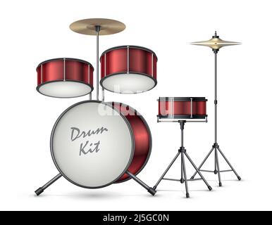 Drum kit realistic vector illustration isolated on background. Professional percussion musical instruments for playing rock, jazz, instrumental and el Stock Vector