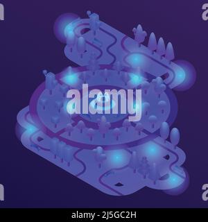 Vector 3d isometric park with purple plants, ultra violet trees, benches and fountain. Map of city garden landscape with nature objects in ultraviolet Stock Vector
