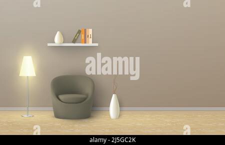 Vector realistic mockup of empty room with beige wall, soft armchair, floor lamp, shelf with books. Studio with minimalist interior. Template for your Stock Vector