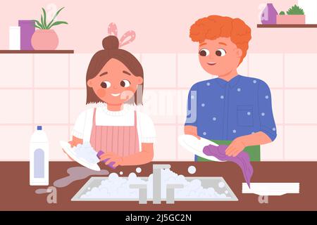 https://l450v.alamy.com/450v/2j5gc2n/kids-wash-dishes-in-kitchen-vector-illustration-cartoon-girl-in-apron-washing-dirty-plate-with-sponge-boy-wiping-cute-siblings-help-mom-in-household-hores-background-housework-routine-concept-2j5gc2n.jpg