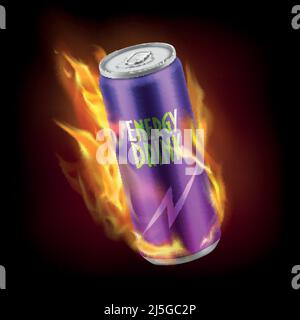 Vector realistic aluminum can with energy soft drink, burning in flames isolated on dark background. Tin purple container with carbonated tonic, soda Stock Vector