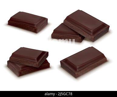Vector 3d realistic collection of chocolate pieces. Brown delicious bars for packaging mock up, package template. Cocoa tasty product, yummy dark dess Stock Vector