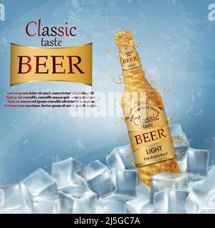 Vector realistic background, promotion banner with abstract swirling bottle of craft golden beer in blue ice cubes, natural alcoholic drink with class Stock Vector