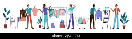 Men choose clothes on hangers during retail sales in fashion store. Funny man changing garment in wardrobe, customers shopping and buying shirts flat vector illustration. Shop, merchandise concept Stock Vector