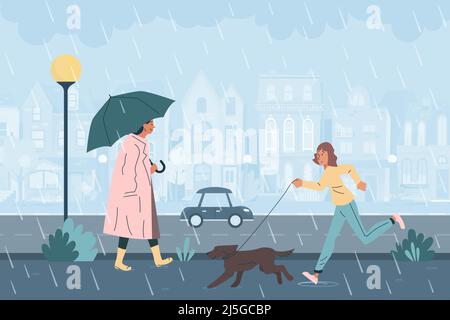 People walk in rain on city street with buildings and lamp. Girl running with dog on leash, woman walking with umbrella on wet road with puddles flat vector illustration. Rainy weather concept Stock Vector