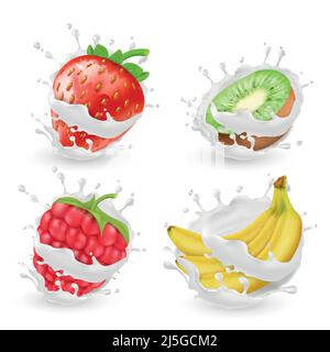 Vector set of juicy summer fruits and berries in milk or cream splashes, isolated on background. Natural organic food, banana, kiwi, strawberry and ra Stock Vector