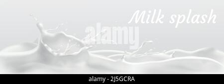 Vector realistic white milk splash, flowing yogurt or cream isolated on background. Dairy product, abstract horizontal wave with milky crown and drops Stock Vector