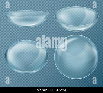 Vector set with blue contact lenses for eye care, isolated on transparent background. Medical equipment used in ophthalmology to correct vision. Perso Stock Vector
