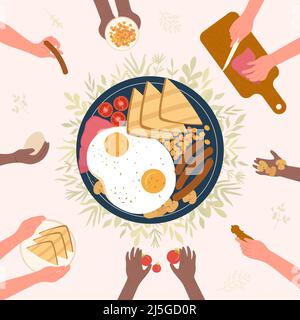 Hands of chefs cooking English breakfast on kitchen table, top view. Fried eggs with sausages and meat, cereal bread, beans and sliced tomato in frying pan flat vector illustration. Food concept Stock Vector