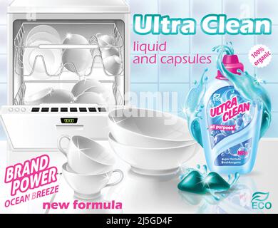 Vector promotion banner of liquid cleaner and capsules for dishwasher. Plastic bottle with detergent gel and clean white cups, bowls, plates. Horizont Stock Vector