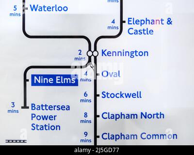 London, UK-12.10.21: Northern Line tube scheme at the Nine Elms Underground Station, opened in 2021. London Tube is the world's first underground pass Stock Photo