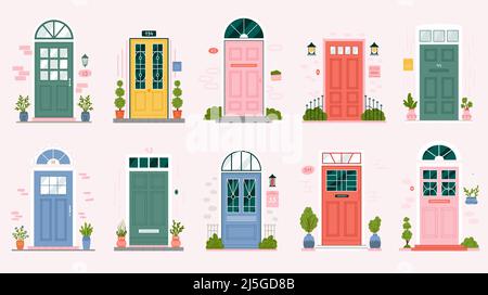 Retro vintage door for home apartment set vector illustration. Cartoon different pink, blue and green entrance with doorstep, lamp on brick wall, plants isolated on white. Architectural facade concept Stock Vector