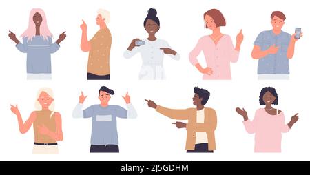 People point finger, different hand pointing gestures and poses set vector illustration. Cartoon young man and woman standing, guys and girls pointing up, down, side way on direction isolated on white Stock Vector