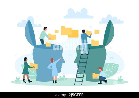 Transfer of knowledge, skills and information, communication and education. Cartoon tiny people coaching, transferring data folders from one abstract human head to another flat vector illustration Stock Vector