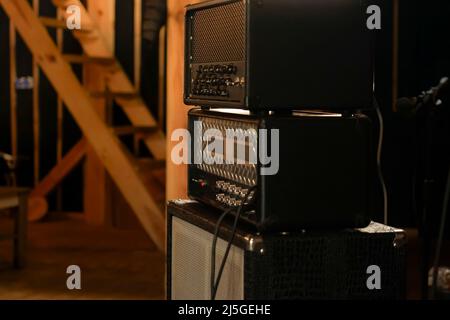 Amplifier for sound close-up in the studio. Mixer Stock Photo