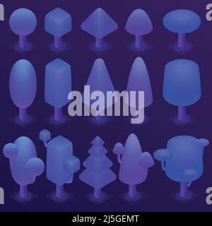 Vector 3d isometric purple plants, ultra violet trees collection. Nature objects for environment in ultraviolet light. Forest elements, botanical deco Stock Vector