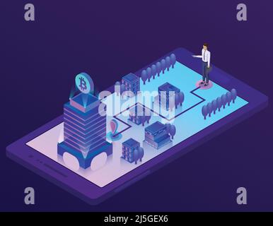 Vector 3d isometric bitcoin concept with building, office for mining of cryptocurrency on smartphone screen, app for device. Man on route for internet Stock Vector