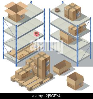 Vector 3d isometric storage of post service. Set of cardboard packaging, mail with adhesive tapes for delivery. Packages, shelves isolated on white ba Stock Vector