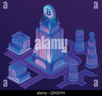 Vector 3d isometric city in ultra violet colors with bitcoin on top of skyscraper. Cityscape, futuristic town with neon illuminations. Cryptocurrency Stock Vector