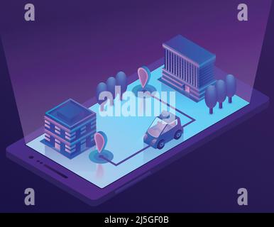 Vector 3d isometric smart car technology for smartphone, app for device. Wireless navigation for driving, travel in city, urban. Smartcar with radar i Stock Vector
