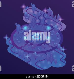 Vector 3d isometric park with purple plants, ultra violet trees, benches and fountain. Map of city garden landscape with nature objects in ultraviolet Stock Vector