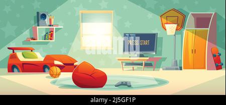 Kid room vector illustration of video game console, TV monitor or display and joystick. Boy cartoon bedroom interior background with furniture, car be Stock Vector