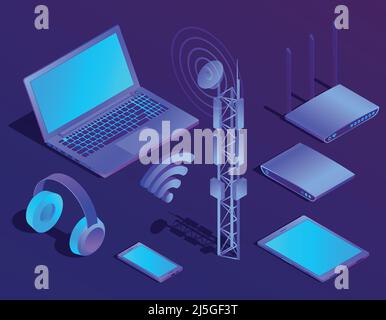 Vector 3d isometric violet laptop, router with wi-fi and radio repeater. Ultraviolet computer with headphones, smartphone for networking, cloud storag Stock Vector