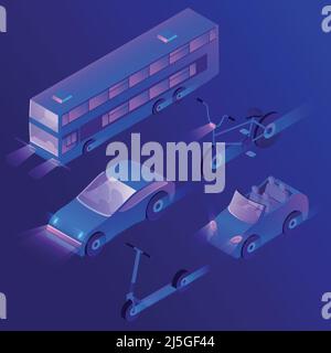 Vector set of isometric urban passenger transportation at night with turned on headlights. Private cars, bus and bike with headlamps. Collection of ve Stock Vector