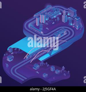 Vector 3d isometric train station of megapolis, railways to suburb, village. City parking in violet colors for cars. Terminal with trains. Buildings, Stock Vector