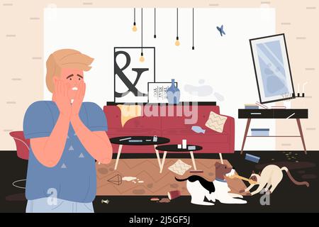 Shock, stress and frustration of pet owner looking at mess and chaos in home apartment vector illustration. Cartoon funny crazy dog and cat playing on dirty floor background. Problem, behavior concept Stock Vector