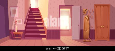 Room interior vector illustration of retro corridor or hallway entrance with furniture. Cartoon flat background of apartment stairs, coat and hat on h Stock Vector