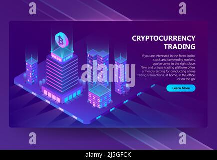 Vector 3d isometric template, site construction for cryptocurrency, mining and trading bitcoin. Portal background with ultraviolet purple city. Buildi Stock Vector