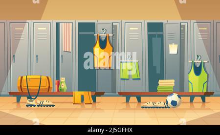 Vector locker or changing room for football, basketball team. Dressing of sports uniform, training equipment, athletic costume. Shelves in school gym, Stock Vector