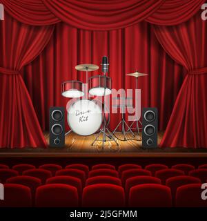 Vector concept background with drum kit, loud speakers and microphone on empty stage with curtains. Music hall for performances with rows of red velve Stock Vector