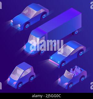 Vector set of isometric urban transportation at night with turned on headlights. Parking with ultra violet cars and truck with headlamps on dark backg Stock Vector