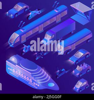 Vector set of isometric violet urban public transport for passenger transportation. Private cars, cruise liner and other transport at night. Collectio Stock Vector